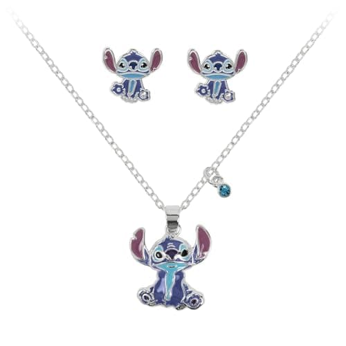Image of Lilo & Stitch Girls Blue Crystal Charm Stitch Pendant Necklace and Stud Earring Set