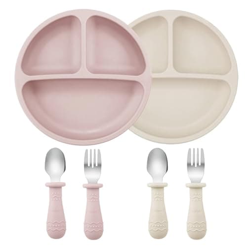 Image of PandaEar 6-Piece Baby Feeding Set: 2 Suction Silicone Divided Plates with 2 Sets of Stainless Steel Spoons and Forks, BPA-Free Self-Feeding Toddler Weaning Supplies (Light Pink & Beige)