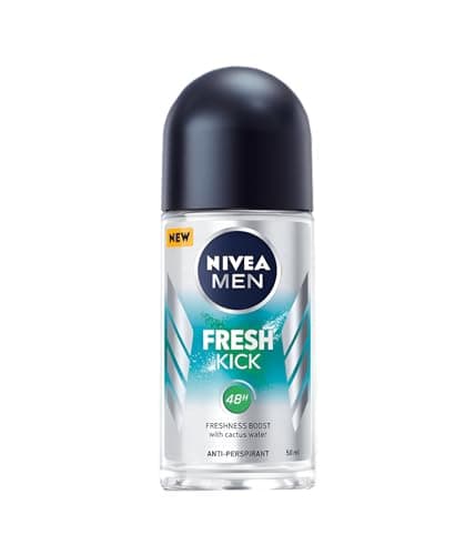 Image of NIVEA MEN Fresh Kick Roll-On Deodorant Protects Against Perspiration Dermatologically Tested Nourishes The Skin, Cooling Light Formula with Cactus Water, 50 ml, Pack of 6
