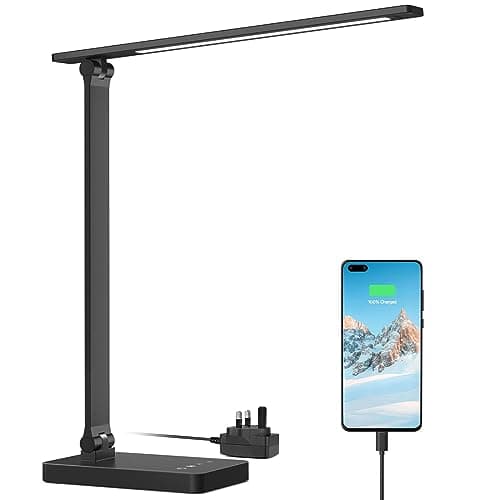 Image of Lepro LED Desk Lamp, Desk Lamp with Power Adapter, 655lm, Desk Lamps Office with USB Charging Port, 5 Brightness Levels x 3 Colour Mode, Touch Control Daylight Lamp for Office, Nails, Study, Bedroom