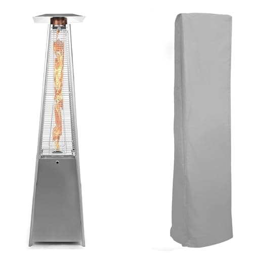 Image of BU-KO Outdoor Patio Gas Heater, Garden, Camp, BBQ Parties, Stainless Steel Pyramid Style 13kw Propane Heater, Portable Wheels | LPG Warm Heating Fire & Water Proof Cover Included