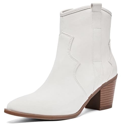 Image of Ruiee Women's Cowboy Ankle Boots Western Cowgirl Chunky Heeled Booties Classic Casual Comfortable Low Mid Heel Short Boots for Women.240969 White PU UKSize6.5