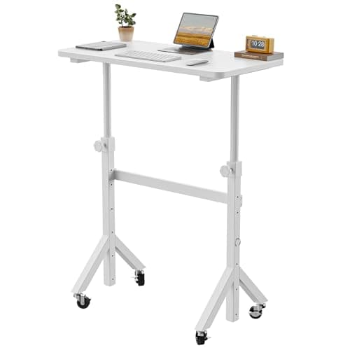 Image of HUANUO Height Adjustable Standing Desk,6 Height Settings Up to 118cm,80x40cm Mobile Small Desk with Triangular Leg Design, Smooth Mobility with Lockable Wheels, Laptop Table