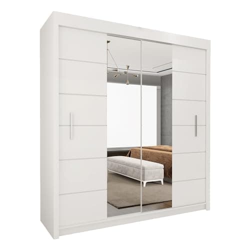 Image of Style Heaven Modern Sliding Door Wardrobe for Bedroom,Matt Finish,2 Mirrored Sliding Doors wardrobes 10 Adjustable Shelves & 4Hanging Rail,made of MDF Chipboard,aluminium Handles Lisbon(203cm White)