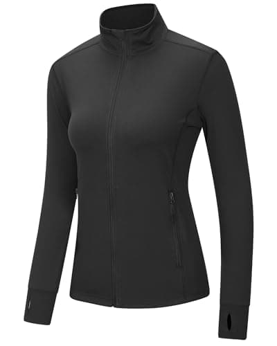 Image of Outdoor Ventures Womens Running Jacket Long Sleeve Sports Jacket Lightweight Breathable Quick Dry Sweatshirt for Fitness Training Cycling with Zip Side Pocket and Thumb Holes Black L