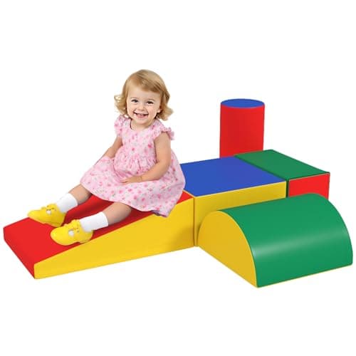 Image of HOMCOM 5 PCs Kids Soft Play Set, Climb and Crawl Activity Toys Set for Baby Toddler, Soft Foam Blocks Indoor Play Equipment Learning Toys Yellow