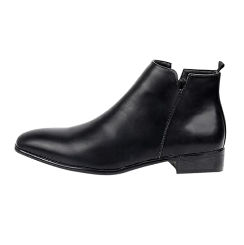 Image of Men’s Leather Ankle Boots with Pointed Toe and Side Zip, Classic Chelsea Style Smart Dress Boots for Men, Slip-Resistant Low Heel Polished Formal Shoes, Minimalist Business Wedding Footwear