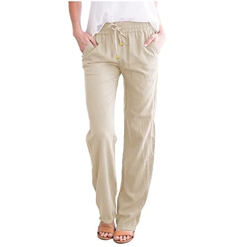 Image of Linen Trousers Womens Straight Leg Drawstring Elastic Waist Casual Summer Trousers UK Ladies Lightweight Comfy Cotton Linen Holiday Beach Lounge Pants Bottoms Beige 3XL