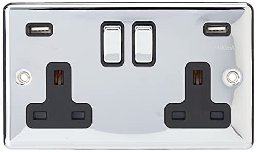Image of AET CPC2GUSBBC 2 Gang 13 A Double Plug Classical Chrome Polished Socket with USB Charging Ports and Black Insert Metal Rocker Switch