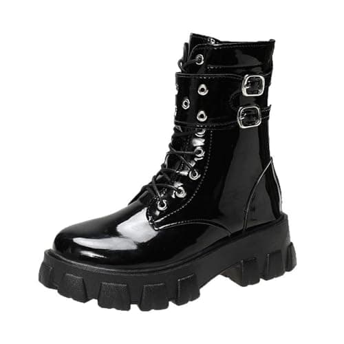 Image of Women's Ankle Boots Waterproof Platform Black Gothic Chunky Heel Round Toe Booties for Women Slip On Combat Boots Wedge with Bat Wing Buckle Strap Lace Up Punk Motorcycle Booties Size 3.5-7.5