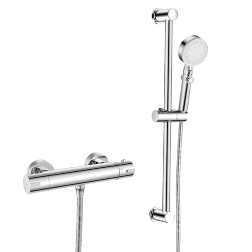Image of Bevankly Wall Mounted Thermostatic Shower Set, Exposed Thermostatic Shower Mixer, Adjustable Riser Kit, Hand Shower, Hose - Anti-Scald, Chrome