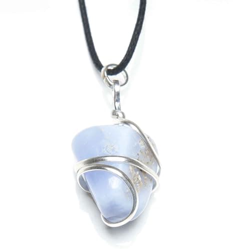 Image of Blessfull Healing Gemstone Reiki Blue Lace Agate Stone Wire Wrap Tumble Pendant Necklace
