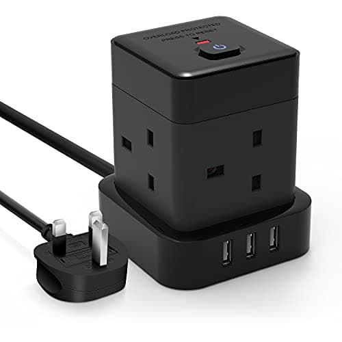 Image of Cube Extension Lead with USB Baykul 4M Power Strip with 3 USB Slots (5V/2.4A) 4 Way Multi Plug with Switch Black Extension Cord Cable with Overload Potection for Home Office Travel Dorm