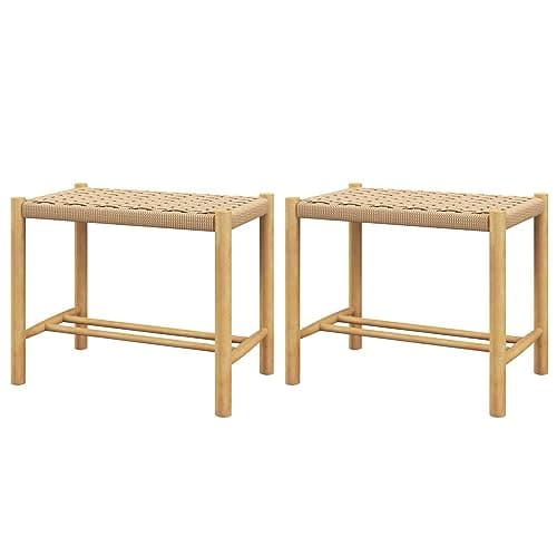 Image of TANGZON Woven Bar Stools Set of 2, Rubber Wood Backless Bar Chairs with Paper Rope Weave Seat & Footrests, Kitchen Counter Height Dining Stools for Home Living Dining Room Farmhouse (56 x 36 x 45cm)