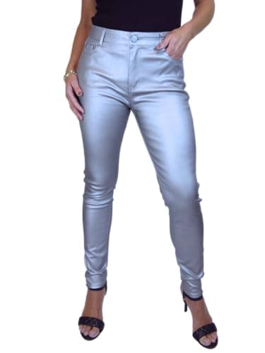 Image of icecoolfashion Women's High Waist Stretch Leather Look Jeans Ladies Skinny Coated Jean Trousers with Pockets Silver 10-22 (10)