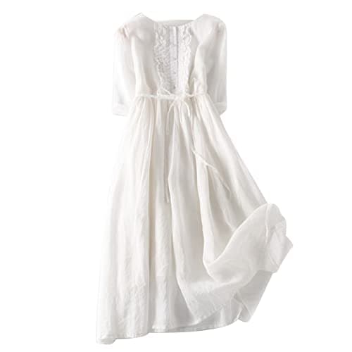 Image of Zeiayuas Vintage Linen Dresses for Women UK Cotton Linen Maxi Dresses Lace Up Round Neck Half Sleeve Dress Pleated Boho Beach Holiday Dress Summer Casual Tunic Elastic Waist Tie Long Sundress