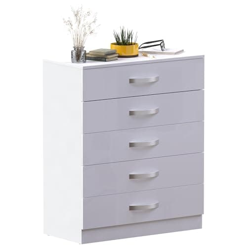Image of Vida Designs Hulio High Gloss 5 Drawer Chest Of Drawers, White, 90 x 75 x 36 cm
