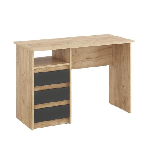 Image of Komto Computer Desk with Drawers – 110x50cm Golden Oak and Anthracite Desk with Storage, Compact Work Table for Home Office