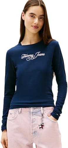 Image of Tommy Jeans Women's Tjw Slim Essential Logo 1 Ls Tee Dw0Dw21844 L/S T-Shirt, Blue (Dark Night Navy), L