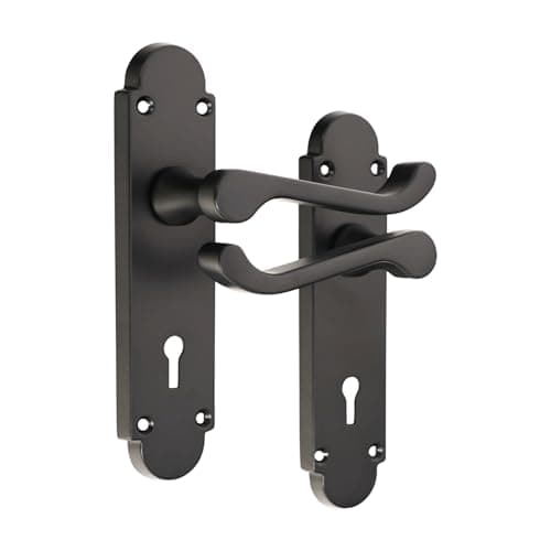 Image of Infinity Decor Pair of Victorian Scroll Matt Black Curved Lever on Shaped Backplate Keyhole Lock Door Handles Set - Ideal for Interior & Exterior Doors