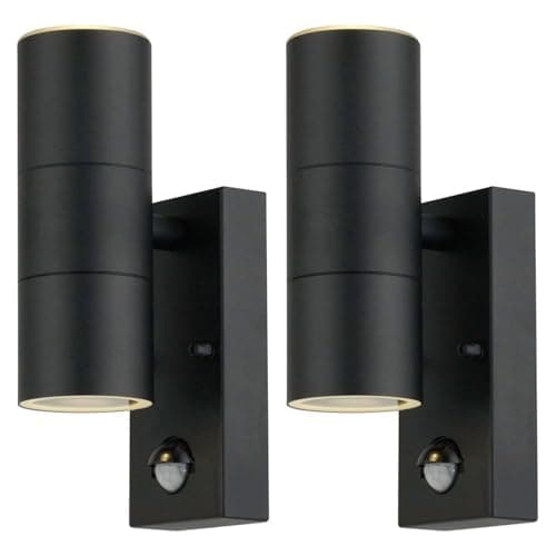 Image of firstchoicelighting Set of 2 Black Outdoor Security Lights Up Down Twin Outdoor Wall Lights PIR Motion Sensor IP44 Wall Light LED Compatible