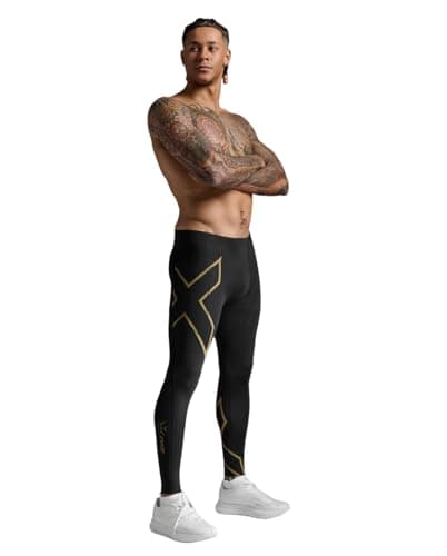 Image of 2XU Mens Light Speed Compression Tights, Black/Gold Reflective, S
