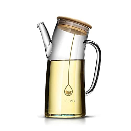 Image of Olive Oil Dispenser, Creative Glass Oil Container for Cooking, Drip Free Vegetable Oil Pouring Bottles with Spout for Kitchen, Decorative Oil Drip Cans Decanter with Bamboo Lid (750ml)