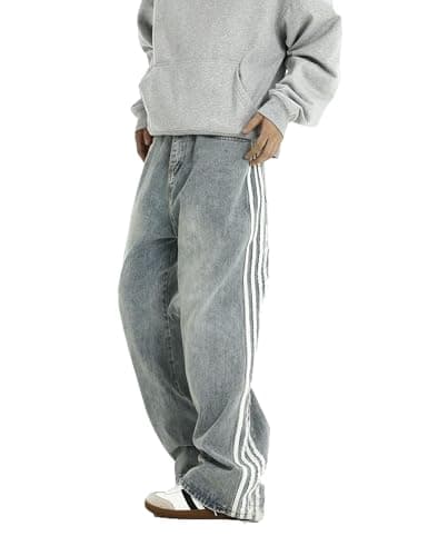 Image of Mens Baggy Denim Jeans Casual Striped Pants Straight Wide Leg Jeans Oversized Hip Hop Pants Vintage Skater Track Jeans, Blue, X-Large