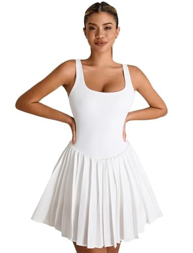 Image of AGYMNX Tennis Dress for Women Golf Dress with Shorts and Built in Bra A-line Workout Dress Sleeveless Activewear Exercise Sport Outfit White M