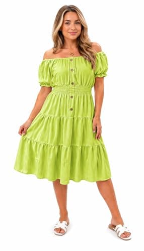Image of Women's Off Shoulder Midi Dress Summer Smocked Waist Button Front Tiered Swing Dress Short Puff Sleeve Casual Holiday Dress One Size (12- 30) (UK, Numeric, 12, 30, Regular, Regular, Lime Green)
