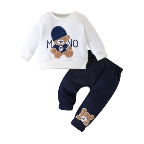 Image of Eqenkely Toddler Baby Boys Outfit Clothes Sets Long Sleeve Embroidery Animal Print Sweatshirt Pullover + Pants 2PCS Tracksuit for 3-24 Months Blue 6-9 Months