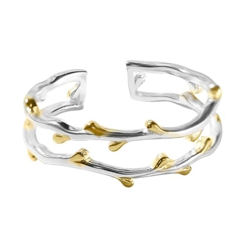 Image of Layered Leaf 925 Sterling Silver Open Band Ring for Women Adjustable Double Line Gold Leaves Lovely Comfort Fit Finger Ring Hypoallergenic Wedding Promise Statement Jewelry Gifts