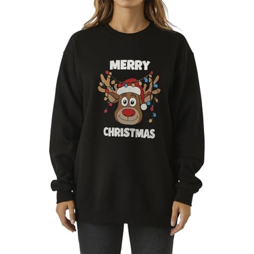 Image of Crazy Fashion Womens Long Sleeve Merry Christmas Slogan Print Xmas Sweatshirt Ladies Round Neck Christmas Tree Jumper Top Pull Over (Cute Reindeer Black, 8-10)