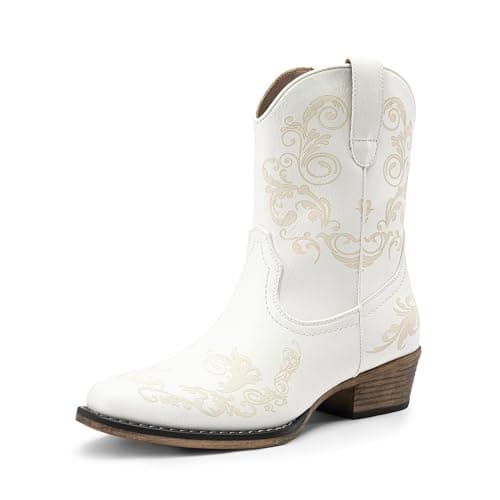 Image of DREAM PAIRS Women's Cowboy Cowgirl Western Ankle Boots Low Chunky Heels Square Toe Fall Short Booties Shoes,Size 5,White,SDAB2407W