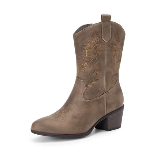 Image of DREAM PAIRS Cowboy Boots for Women, Mid Calf Cowgirl Boots with Embroidery Round Toe Western Chunky Low Heel Shoes,Size 5.5,Camel,DWUMMB2505