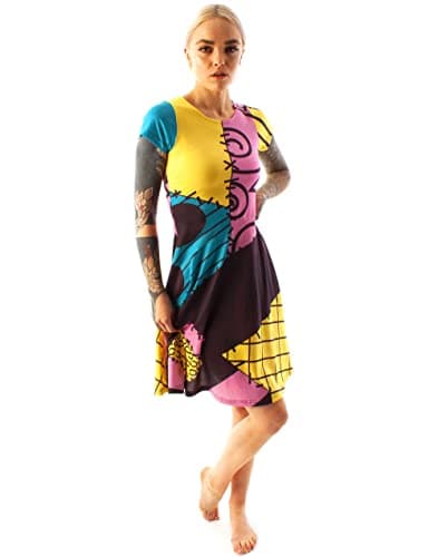 Image of Disney Nightmare Before Christmas Sally | Women's Multicoloured Short Sleeve Costume Dress | Halloween Party Outfit | Cosplay Dress | Themed Apparel for Fans Merch - Large