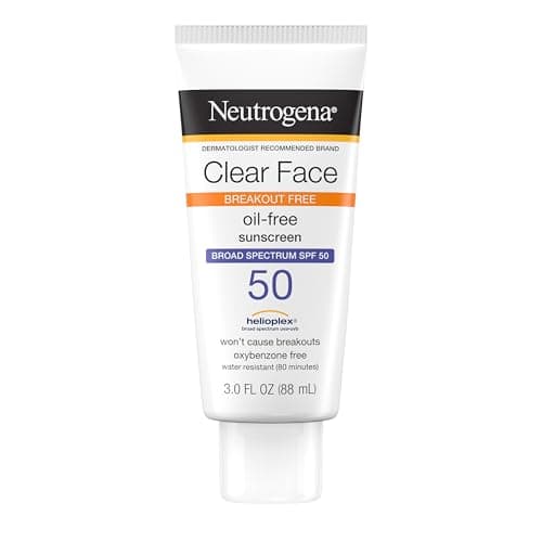 Image of Neutrogena Clear Face Liquid Lotion Sunscreen for Acne-Prone Skin, Broad Spectrum SPF 50 UVA/UVB Protection, Fragrance & Oxybenzone Free Facial, Non-Comedogenic, Unscented, 3 Fl Oz