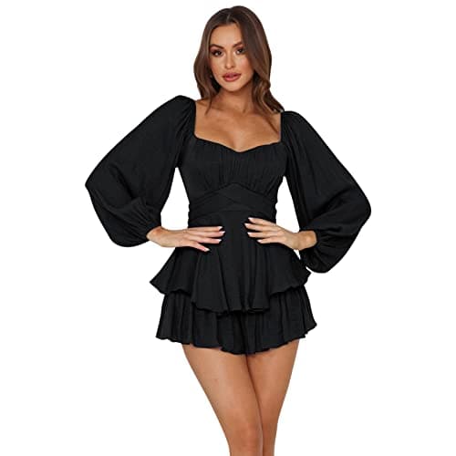 Image of Short Romper for Women, Boho Lantern Long Sleeve Short Jumpsuit Off Shoulder Casual One Piece Ruffle Chiffon Romper Dress Floral Print Sexy Ruffle Playsuit Overall Festival Outfit Black-lomg sleeve M
