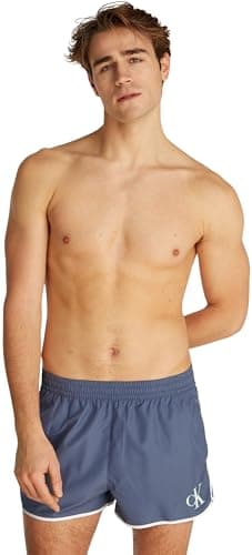 Image of Calvin Klein Men’s Short Runner Swim Shorts with Elasticated Waistband, Blue (Grisaille), M