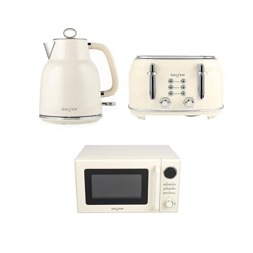 Image of Salter Retro Cream Kettle, Toaster & Microwave Set – 1.7L Rapid Boil Kettle, 4-Slice Toaster, 6 Browning Levels, Safety Features, 20L Digital Microwave with 8 Presets, 25.5 cm Glass Turntable