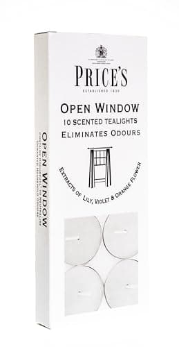 Image of Price's - Open Window Tealights - Pack of 10 - Odour Eliminating Tealights - Made with Lily, Violet and Orange Flower Extracts - Clean, Fresh, Quality Fragrance - Long Lasting Scent