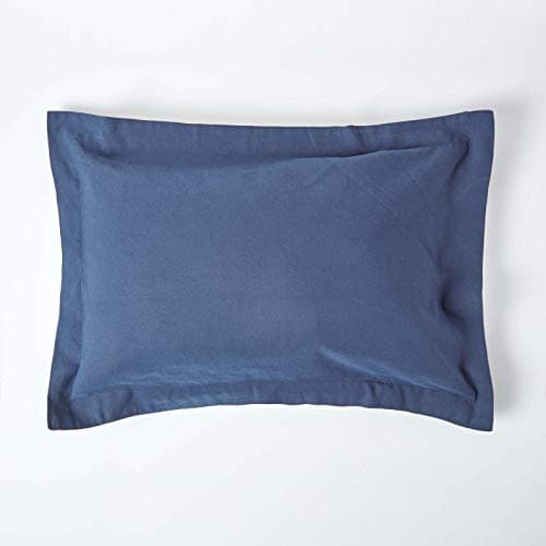 Image of HOMESCAPES Luxury Soft Linen Oxford Pillowcase Plain Navy Blue Textured Natural French Flax Fibre Linen & Pure 100% Cotton Blend Dark Blue King Size Oxford Style Pillowcase