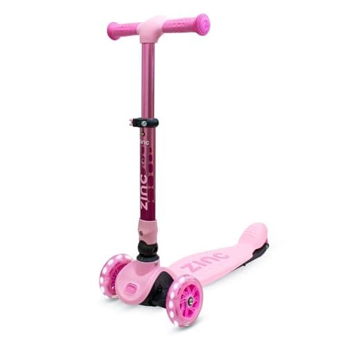 Image of Zinc Flyte 3 Wheeled Kids Scooter for Ages 2+ - Foldable & Adjustable Three Wheeled Scooter with Lean ‘n’ Steer, Rear Footbrake & Light Up Wheels - Sturdy Design for Boys & Girls, Pink