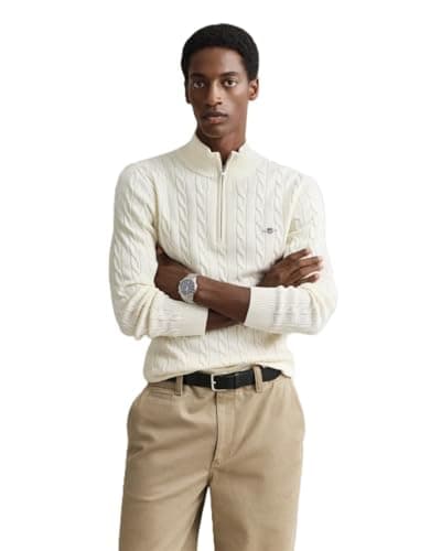 Image of GANT Men's Cotton Cable Half Zip Pullover, Cream, L