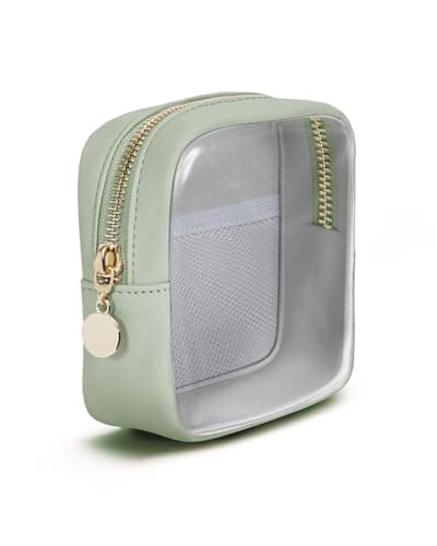 Image of Clear Makeup Bag for Handbag, Mini Make Up Bag for Purse, Small Makeup Pouch for Women, Small Cosmetic Bag with Slip-in Pockets Eco Vegan Leather, Green (Patent Pending)