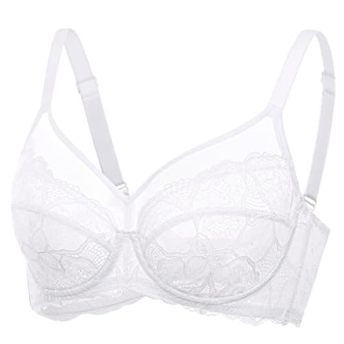 Image of DOBREVA Women's Lace Full Coverage Minimiser Bra Unlined Underwire See Through Plus Size Bra White 38F