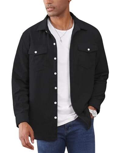 Image of EKLENTSON Men's Shirt Corduroy Long Sleeve Button Down Trucker Jacket Lightweight Casual Shacket Jacket Black L
