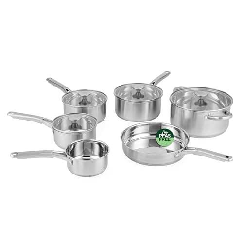 Image of Salter Signature 6 Piece Stainless Steel Pan Set – Induction Suitable Cookware Set with 14, 16, 18 & 20 cm Saucepans, 24 cm Frying Pan & Stockpot, Glass Lids, Dishwasher Safe, 10 Year Guarantee