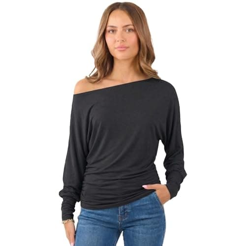 Image of Crazy Girls Womens Long Sleeve One Off-Shoulder Plain Baggy Batwing Top UK8-24 (12-14, Black Plain)