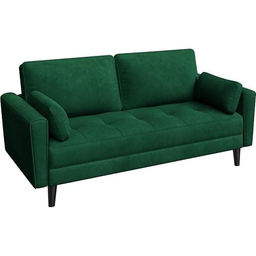 Image of Yaheetech Fabric Sofa 2 Seater Sofa Couch with Side Storage Pockets, 2 Pillows Upholstered Couch for Living Room Bedroom Apartment Office Velvet Fabric Green